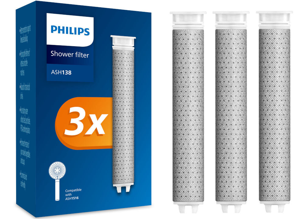 Filtr prysznicowy PHILIPS ASH138/10 Zestaw trzech wymiennych wkładów do filtra prysznicowego Philips ASH138 obok oryginalnego opakowania zbiorczego.