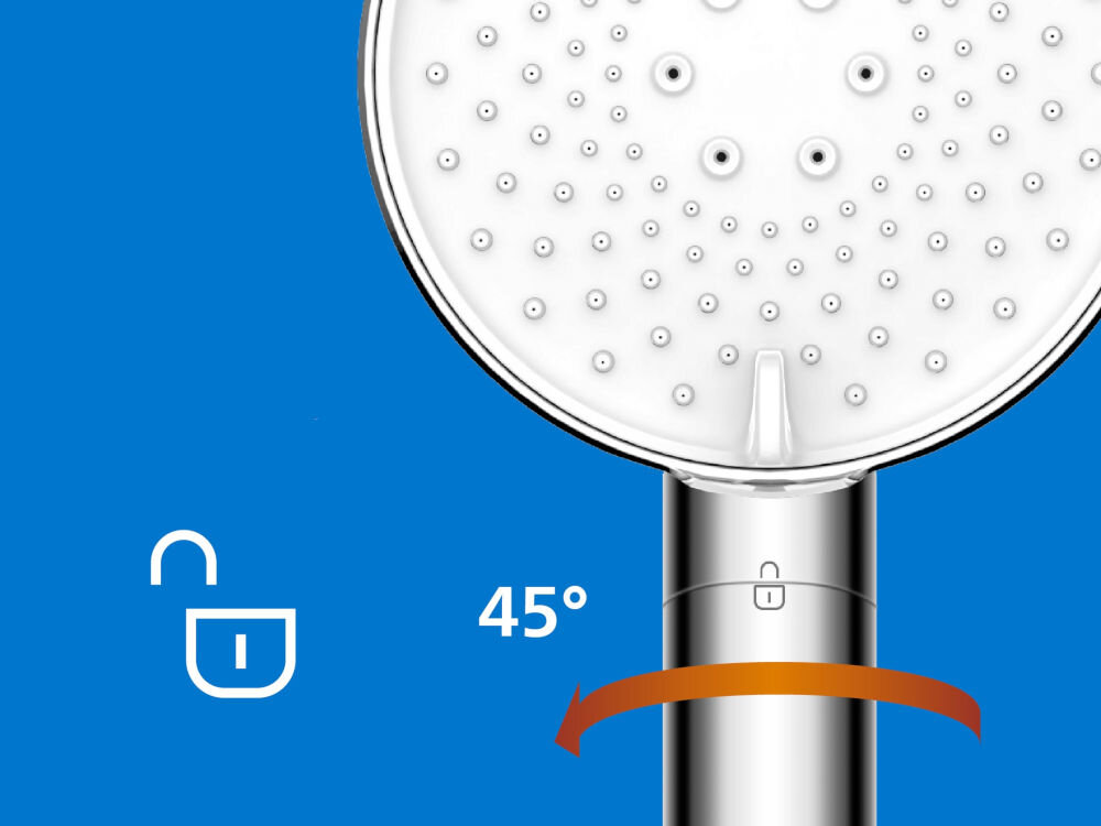 Słuchawka prysznicowa PHILIPS ASH1516CH srebrna Instrukcja wymiany filtra: obrót rączki słuchawki o 45 stopni w celu odblokowania.