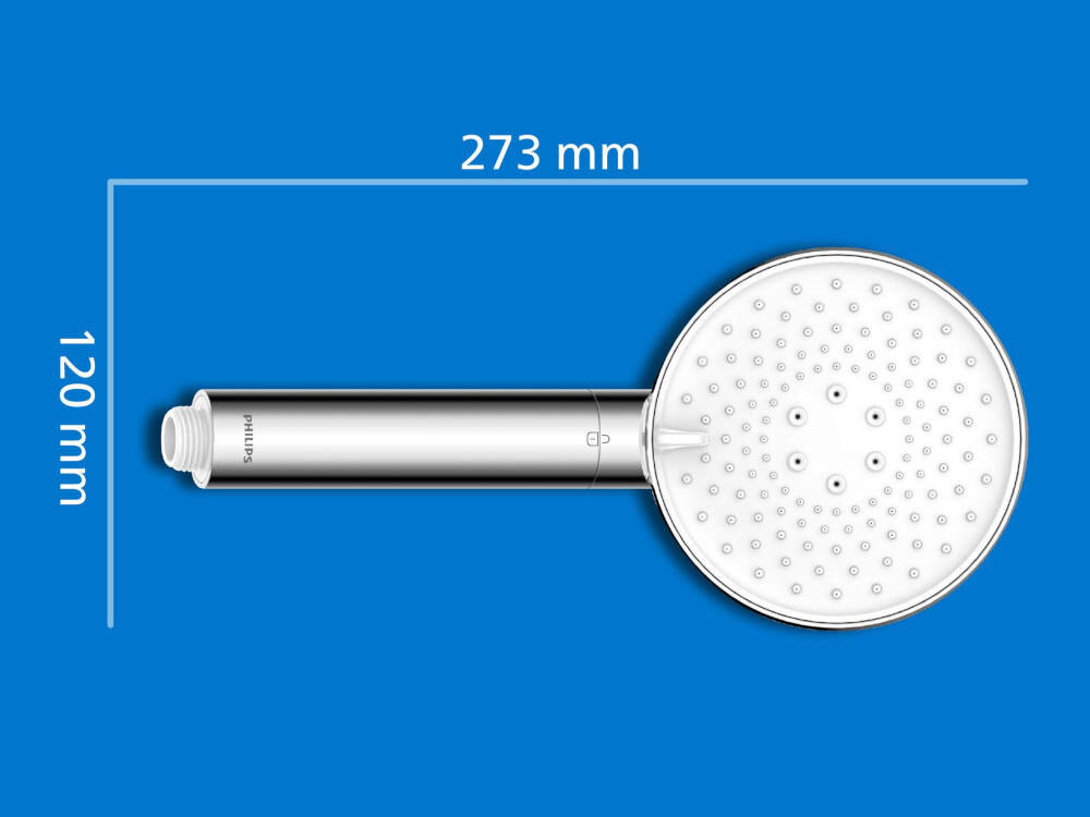 Słuchawka prysznicowa PHILIPS ASH1516CH srebrna Wymiary słuchawki prysznicowej Philips: długość 273 mm i średnica głowicy 120 mm.
