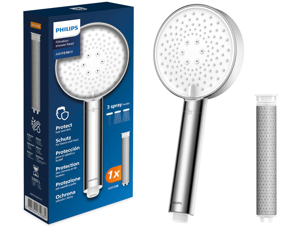 Słuchawka prysznicowa PHILIPS ASH1516CH srebrna Zestaw Philips AWP1516BK: opakowanie, srebrna słuchawka prysznicowa z filtrem i zapasowy wkład.