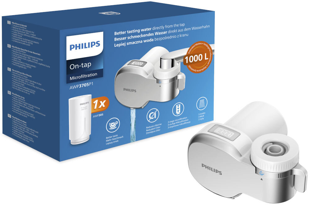 Niebieskie opakowanie filtra nakranowego Philips AWP3705P1 z informacją o wydajności 1000 litrów obok gotowego do montażu urządzenia.