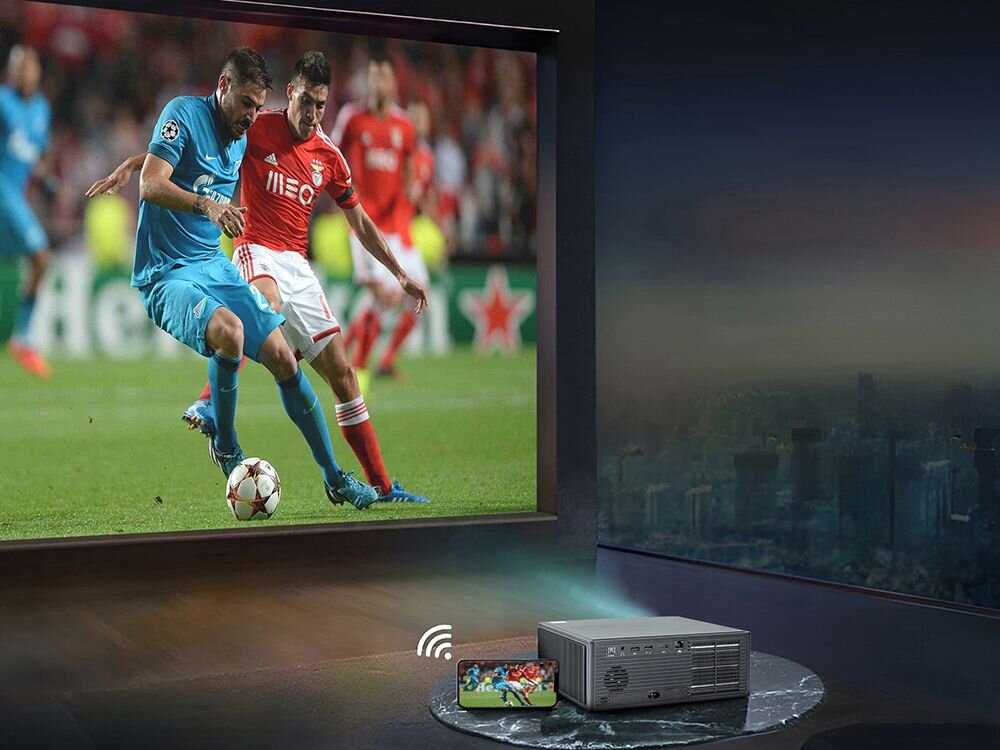 Projektor EXTRALINK Smart Life Vision Lite Full HD (1920 x 1080), 500 ANSI lumen, Wi-Fi, Bluetooth - obsluga, korekcja, ostrosc, projektor wyswietlajacy pilkarzy
