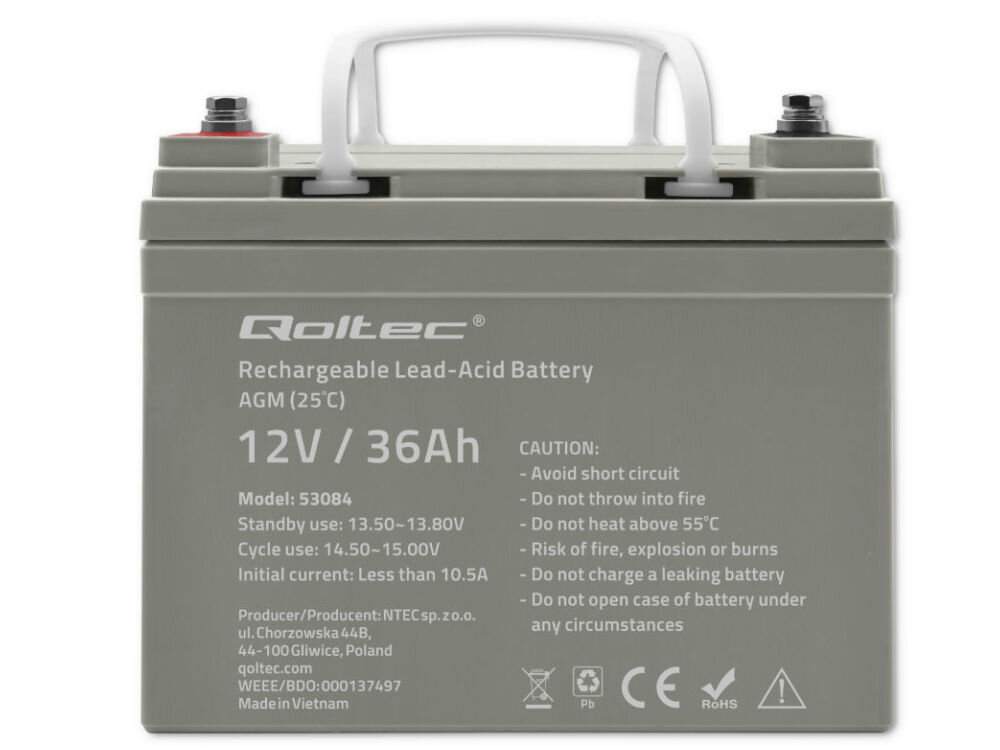 Akumulator QOLTEC 53084 36Ah 12V, zasilanie, praca, energia, ochrona, na białym tle akumulator frontem na wprost