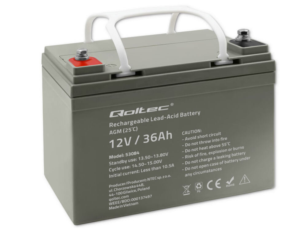 Akumulator QOLTEC 53084 36Ah 12V, włókno, szklane, agm, rozładowanie, stabilne, na białym tle akumulator frontem lewo skos
