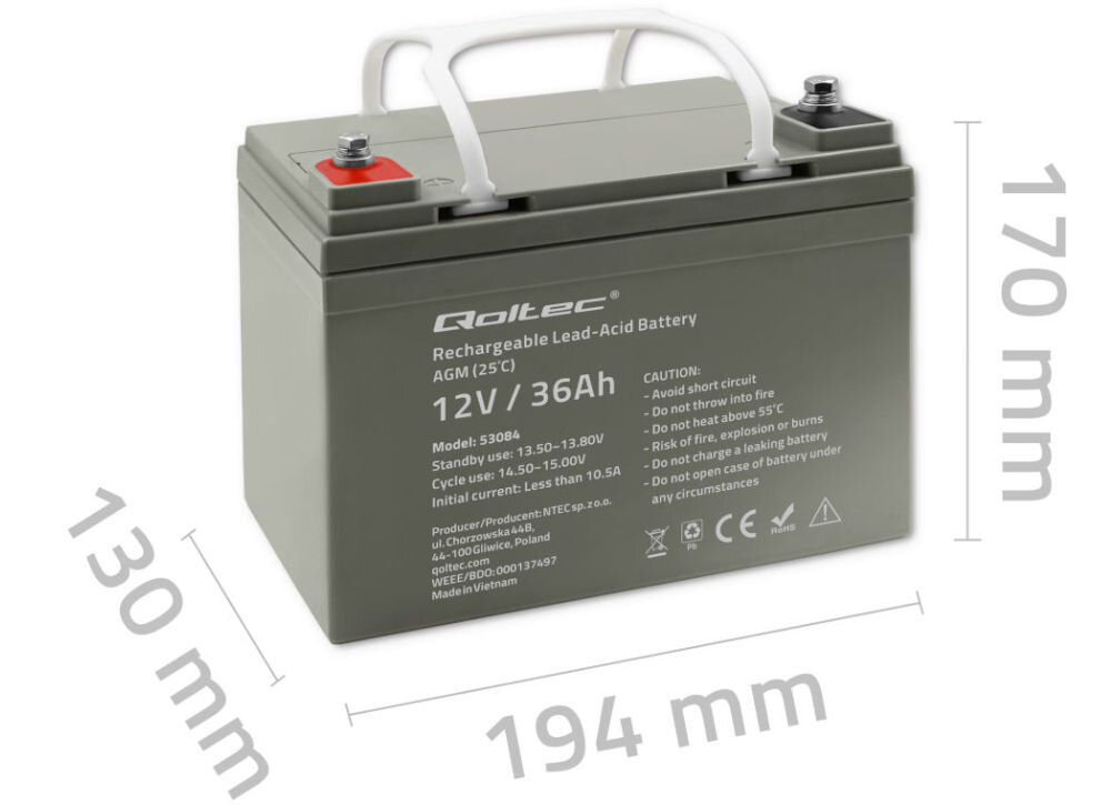 Akumulator QOLTEC 53084 36Ah 12V, konserwacja, uzupełnianie, elektrolit, szczelna, na białym tle akumulator wraz z wymiarami frontem lewo skos