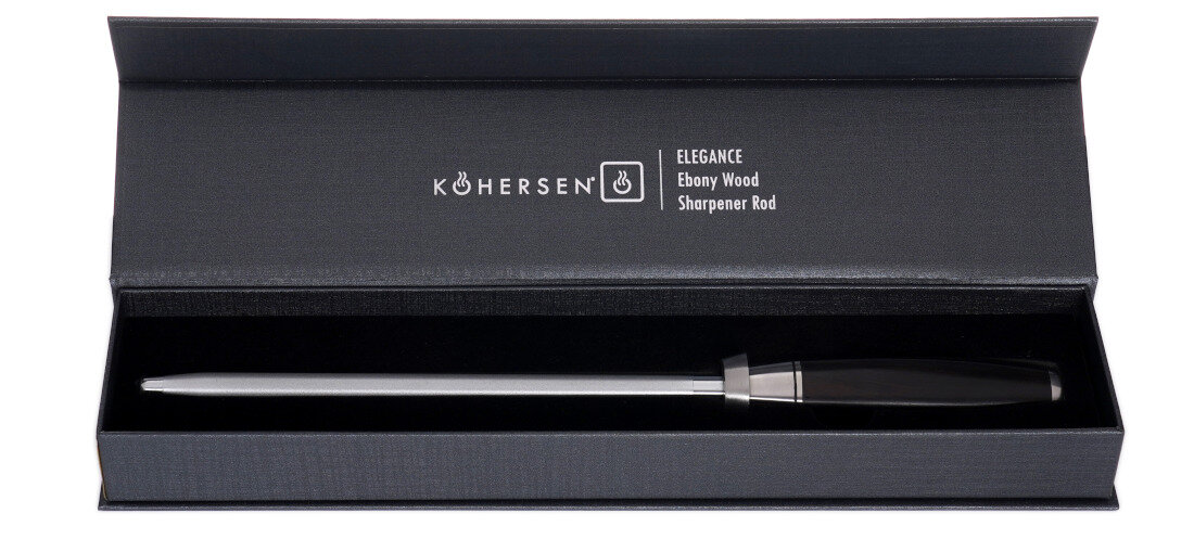 Ostrzałka KOHERSEN Elegance w eleganckim pudełku z napisem \'KOHERSEN ELEGANCE Ebony Wood Sharpener Rod\'.