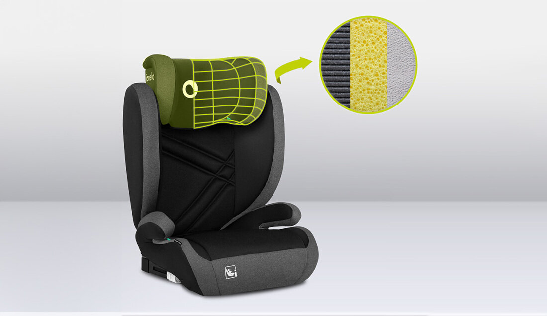 Fotelik samochodowy LIONELO Hugo I-Size (15-36 kg) Czarno-szary Ochrona boczna pianka Memory Foam maksymalny komfort wsparcie bezpieczenstwo