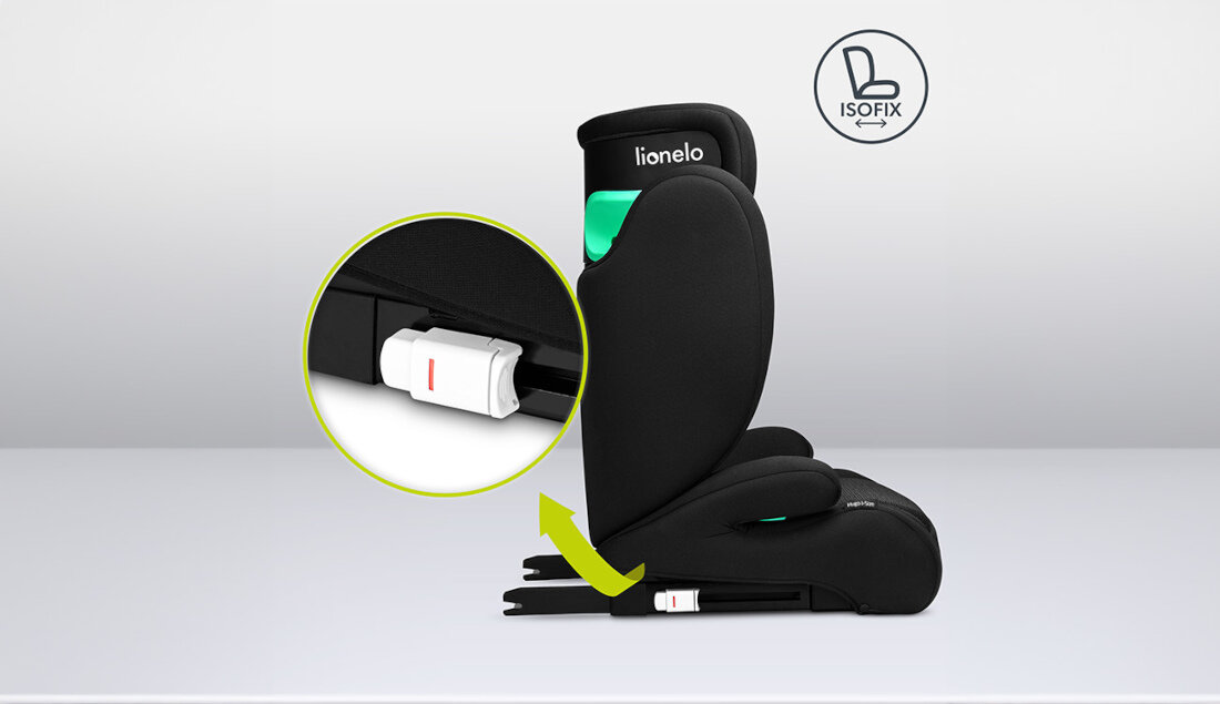 Fotelik samochodowy LIONELO Hugo I-Size (15-36 kg) Czarno-szary Montaż przodem kierunek jazdy 3-punktowe pasy bezpieczeństwa zielone prowadnice montaz system isofix
