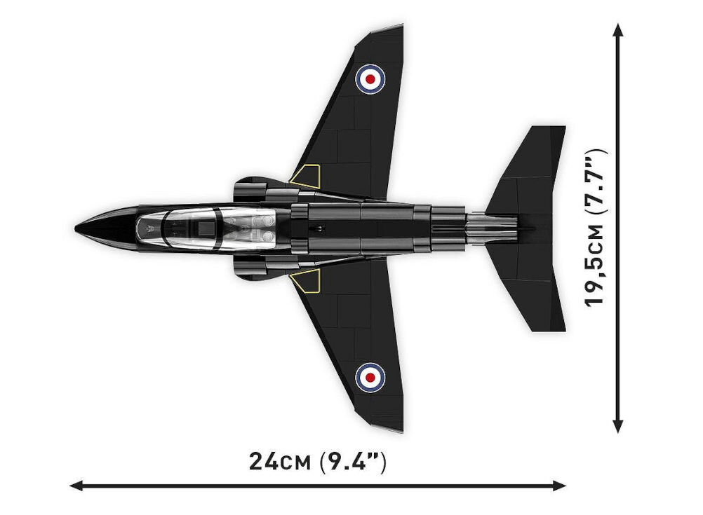 Klocki plastikowe COBI Armed Forces BAe Hawk T.1 COBI-5845 zaprojektowany w skali 1:48 przy wykorzystaniu 362 elementów i ma 19,5 cm rozpiętości skrzydeł