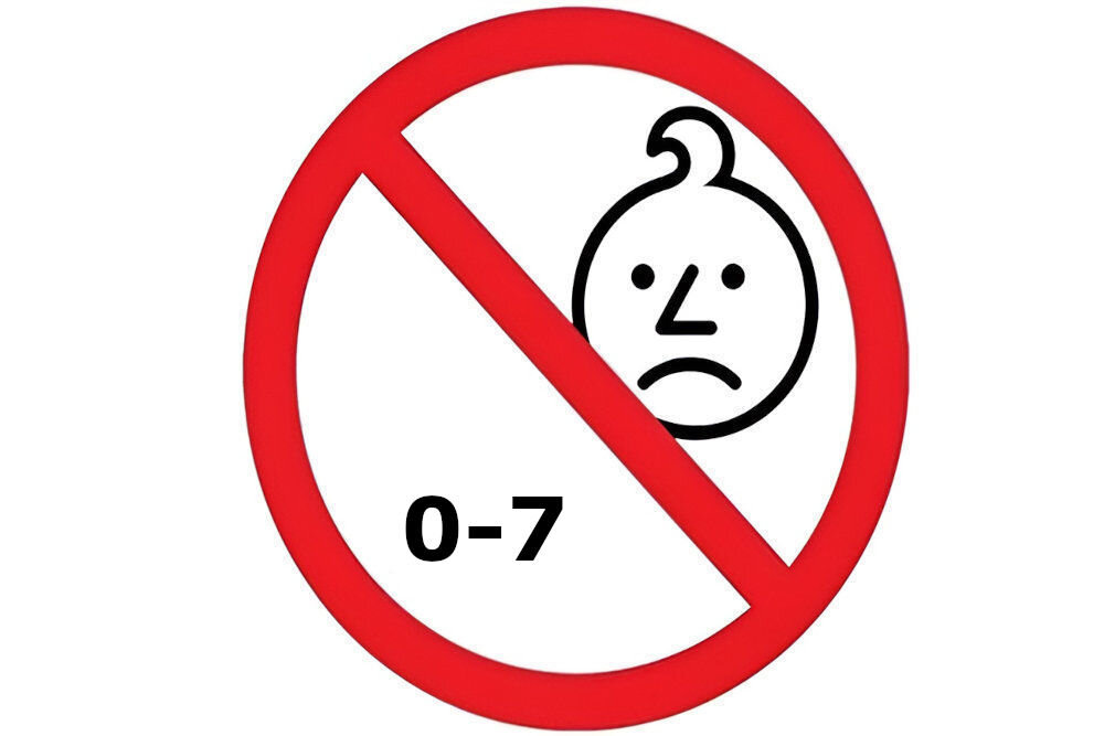 Czarno-biały symbol smutnej twarzy dziecka z zakazującym czerwonym okręgiem i przekreśleniem. Pod symbolem widnieje napis \'0-8\'.