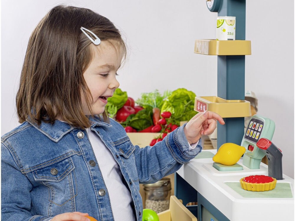 Zabawka supermarket SMOBY 7600350239 supermarket z wózkiem, elektroniczą kasą ze skanerem i wagą wyposażony w mechaniczną wagę w zestawie słodycze napoje i inne produkty spożywcze
skaner ze światłem i dźwiękiem kasa fiskalna z otwieranym schowkiem na zabawkowe pieniądze