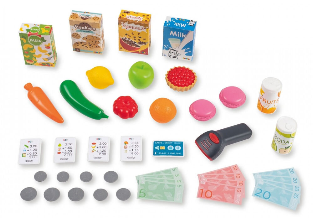 Zabawka supermarket SMOBY 7600350239 skaner ze światłem i dźwiękiem mechaniczna waga czytnik kart 42 kolorowe akcesoria liczne półeczki na towary
poręczny koszyk na zakupy regulowany ręcznie zegar zabawki zaprojektowane dla małych rączek dziecka