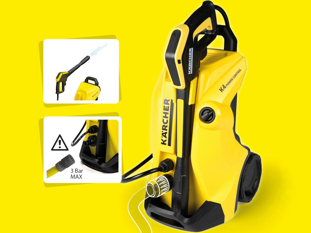 Zabawka myjka ciśnieniowa SMOBY Kärcher 7600360902 na żółtym tle myjka wizualizacja podłączenia wężą ogrodowego replika myjki karcher k4 ciśnienie do 3 bar