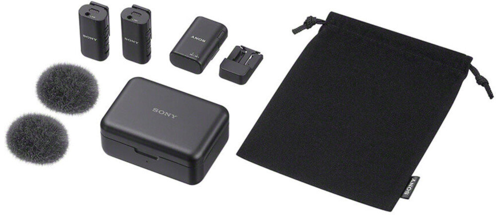 System bezprzewodowy SONY ECM-W3.CE7 osłonę przeciwwiatrową, uchwyt/podstawkę, pokrowiec i etui z funkcją ładowania, instrukcja obsługi oraz karta gwarancyjna