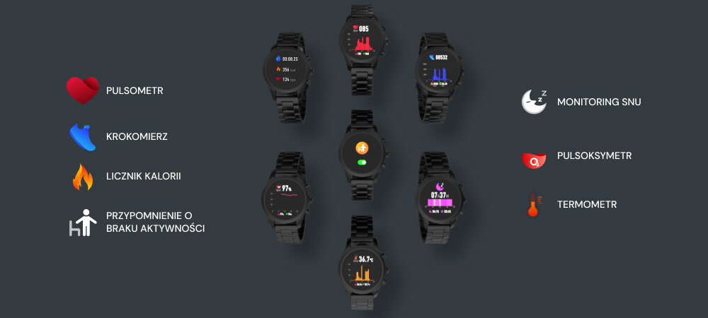 Smartwatch FOREVER Verfi SW-800 ekran bateria czujniki zdrowie sport pasek ładowanie pojemność rozdzielczość łączność sterowanie krew puls rozmowy smartfon aplikacja
