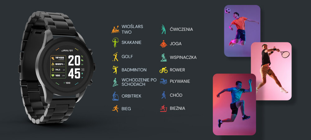 Smartwatch FOREVER Verfi SW-800 ekran bateria czujniki zdrowie sport pasek ładowanie pojemność rozdzielczość łączność sterowanie krew puls rozmowy smartfon aplikacja