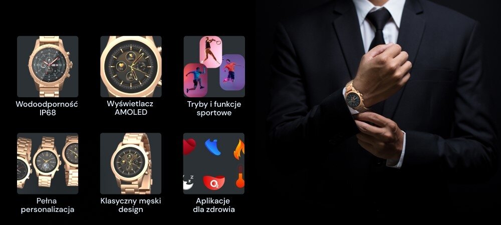 Smartwatch FOREVER Verfi SW-800 ekran bateria czujniki zdrowie sport pasek ładowanie pojemność rozdzielczość łączność sterowanie krew puls rozmowy smartfon aplikacja