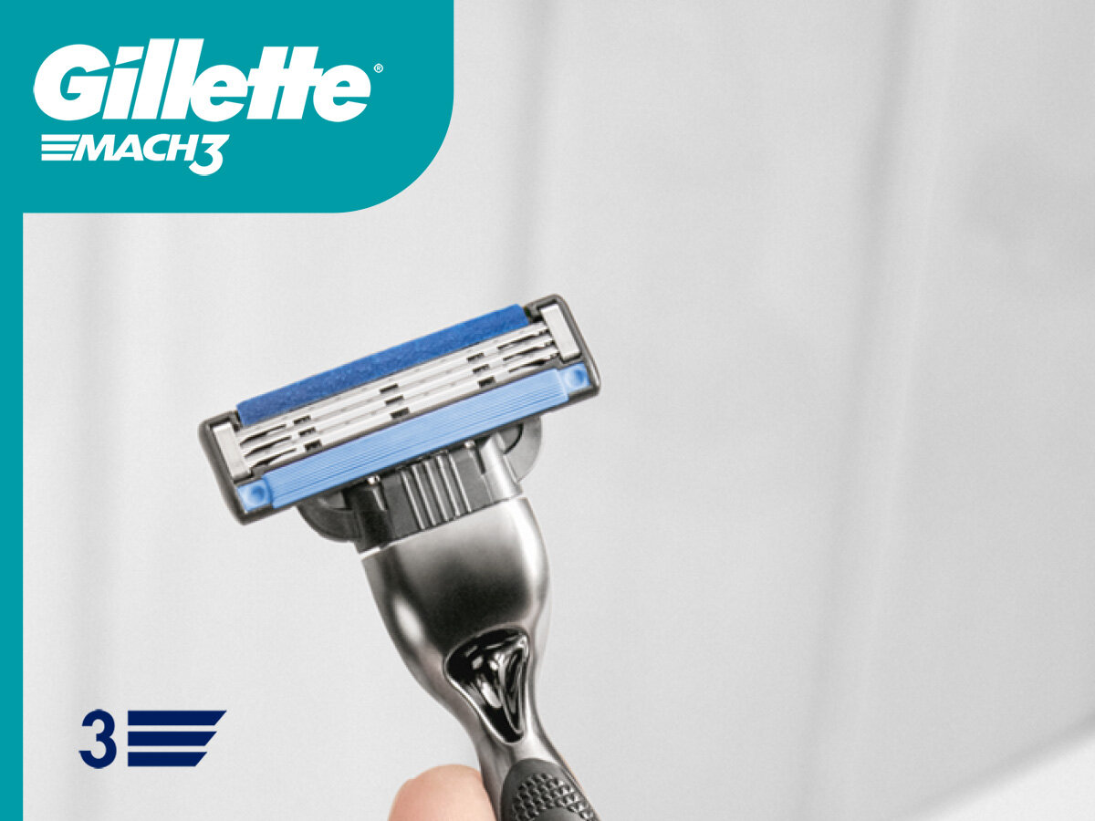 Golarka GILLETTE Mach3 + 5 ostrzy Gillette Mach3. Zbliżenie na głowicę maszynki z trzema ostrzami i niebieskim paskiem nawilżającym.