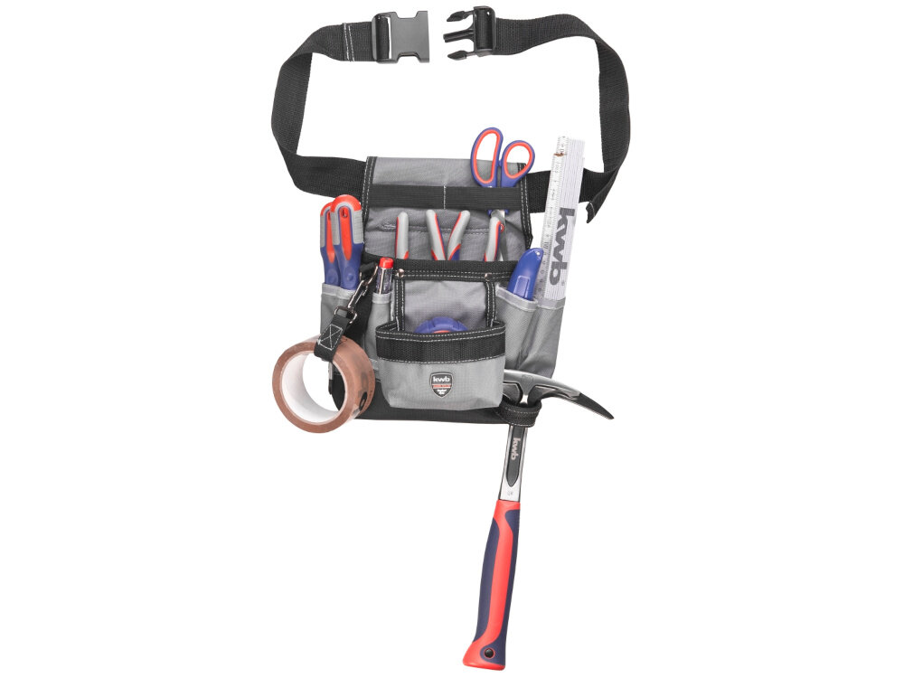 Torba narzędziowa EINHELL 49907710 torba na białym tle wypełniona narzędziami liczne kieszenie i przegródki duża kieszeń na gwoździe pojemna przegroda z elastycznymi pętlami trzy wąskie przegródki trzy miejsca na śrubokręty pętle na młotek i z karabińczykiem