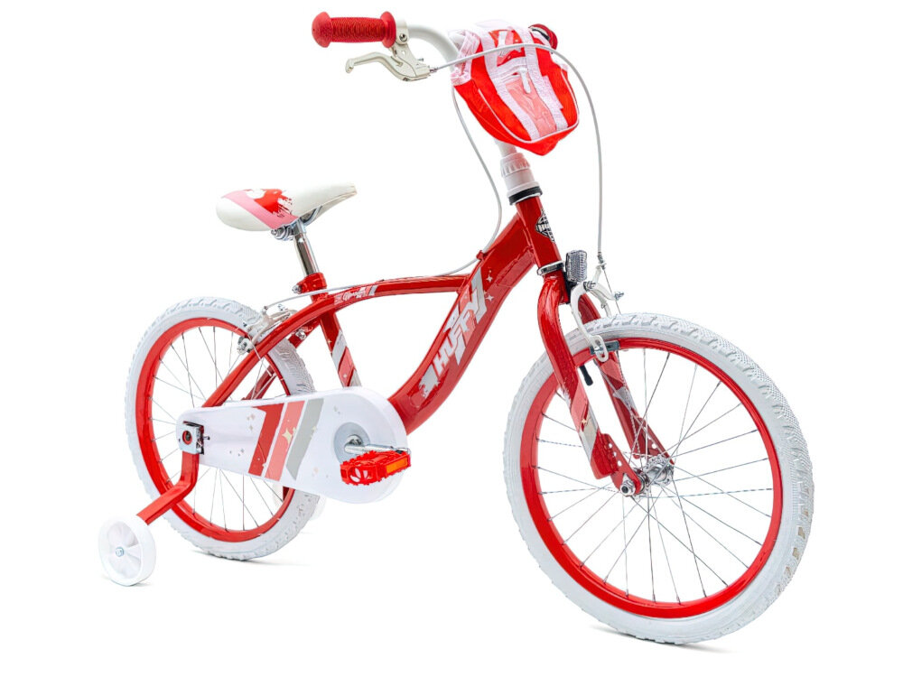 Rower dziecięcy HUFFY Glimmer 18 cali dla dziewczynki Czerwony solidna konstrukcja stylowy design kolorystyka w odcieniach czerwieni stylowe detale ozdobne elementy na kierownicy siedzisku praktyczny srodek transportu modny dodatek