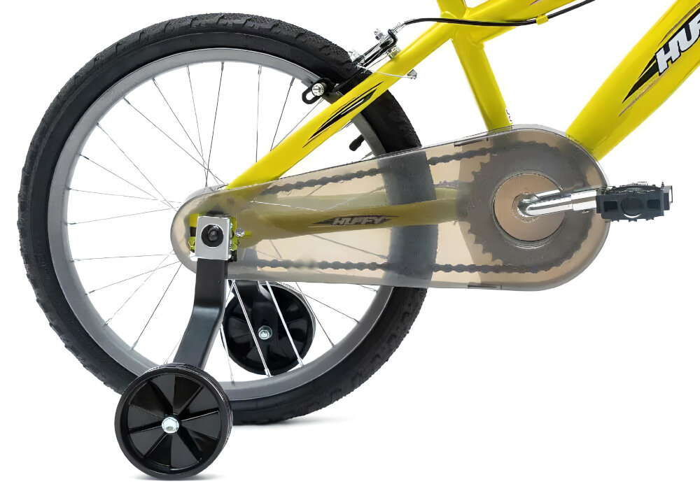 Rower dziecięcy HUFFY Moto X 18 cali dla chłopca Żółty rozmiar kol 18 cali pompowane opony dla dzieci w wieku do 5 do 7 lat boczne kolka asekuracja mozna latwo usunac oslona lancucha regularne sprawdzanie cisnienia powietrza wartosc na bocznej czesci opony