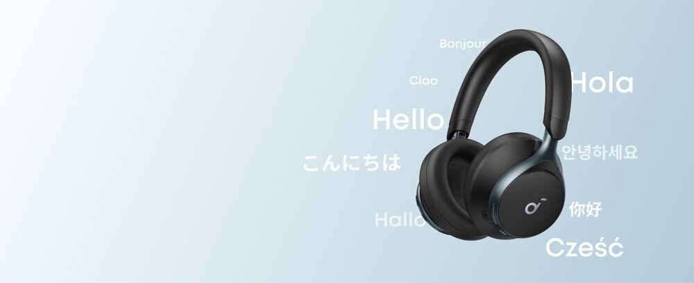 SOUNDCORE Space One AI tłumacz na żywo ponad 100 języków aplikacja Soundcore napisy w czasie rzeczywistym, słuchawki na jasnym tle