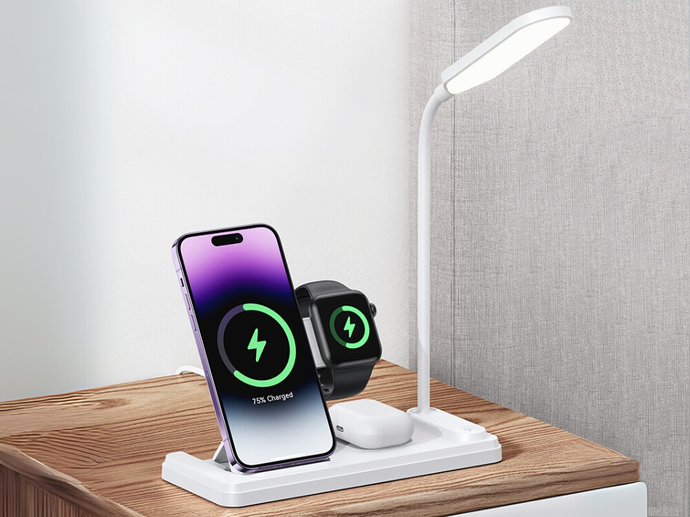 Stacja ładowania USAMS US-CD195
            stacja ładowania ze smartfonem zegarkiem i słuchawkami ładowanie bezprzewodowe lampka led