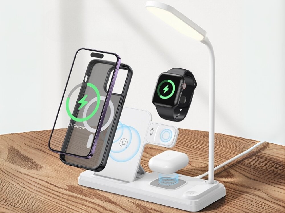 Stacja ładowania USAMS US-CD195
            stacja ładowania ze smartfonem zegarkiem i słuchawkami ładowanie bezprzewodowe lampka led technologia qi moc 15w