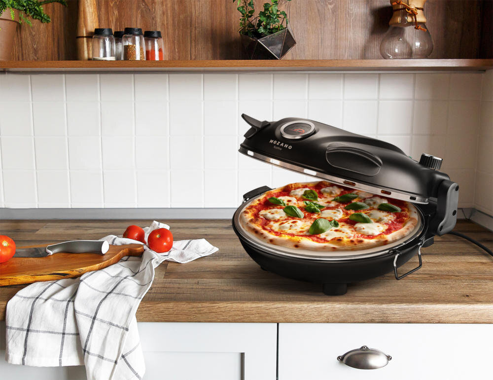 Piec do pizzy MOZANO Pizzalicious 1200W średnica 32 cm dopasowanie preferencje temperatura kontrola timer termostat