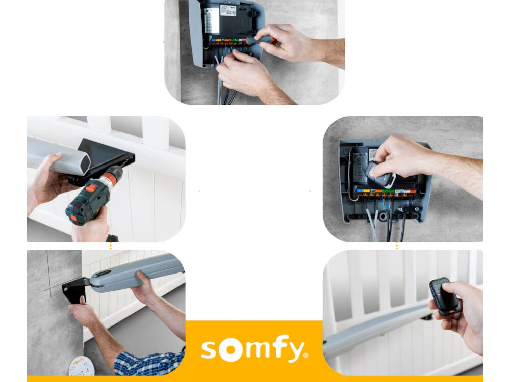 Napęd do bramy skrzydłowej SOMFY Exavia Star 1241957 bezpieczne uzytkowanie dwa zaprogramowane piloty Key mozlowosc podlaczenia nadajnika nasciennego klawiatury kodowej i stacji na klucz awaryjny akumulator