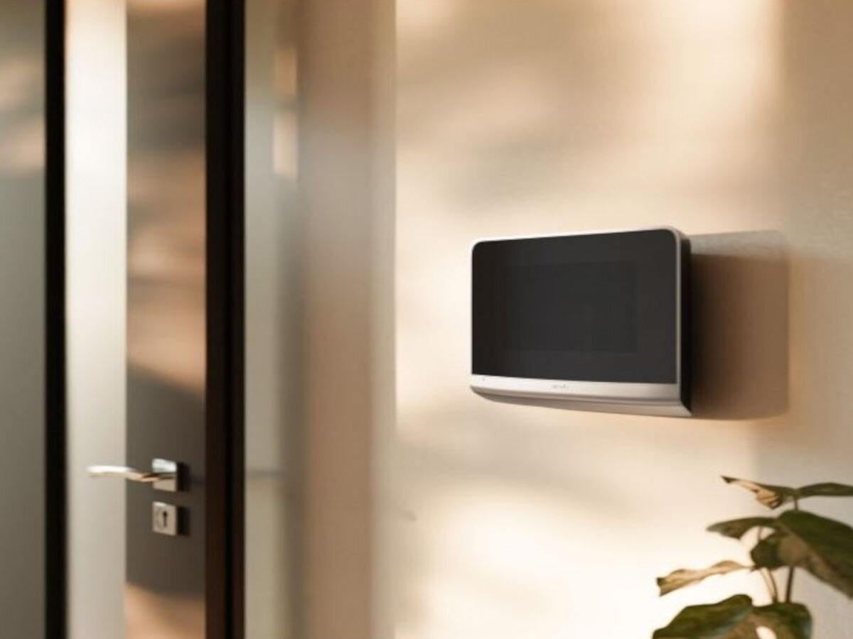 Zestaw wideodomofonowy SOMFY V500 Connect RTS Wi-Fi, monitoring, ochrona, kontrola, zdalne, Monitor SOMFY V500 Connect RTS przymocowany do ściany w nowoczesnym przedpokoju z rośliną.