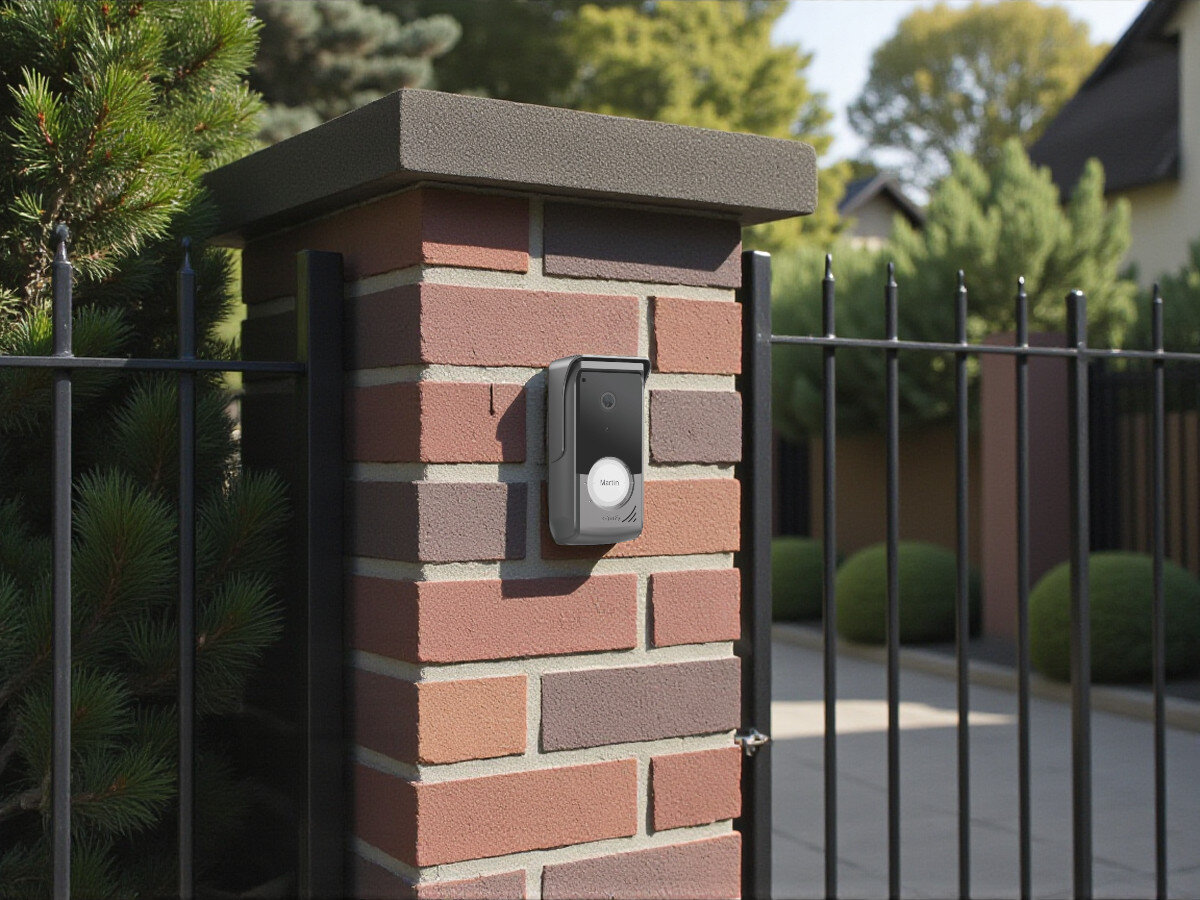 Zestaw wideodomofonowy SOMFY V500 Connect RTS Wi-Fi, personalizacja, RTS, sterowanie, pamięć, Panel SOMFY V500 Connect RTS zamocowany na słupku ogrodzeniowym, widoczne dom i roślinność.