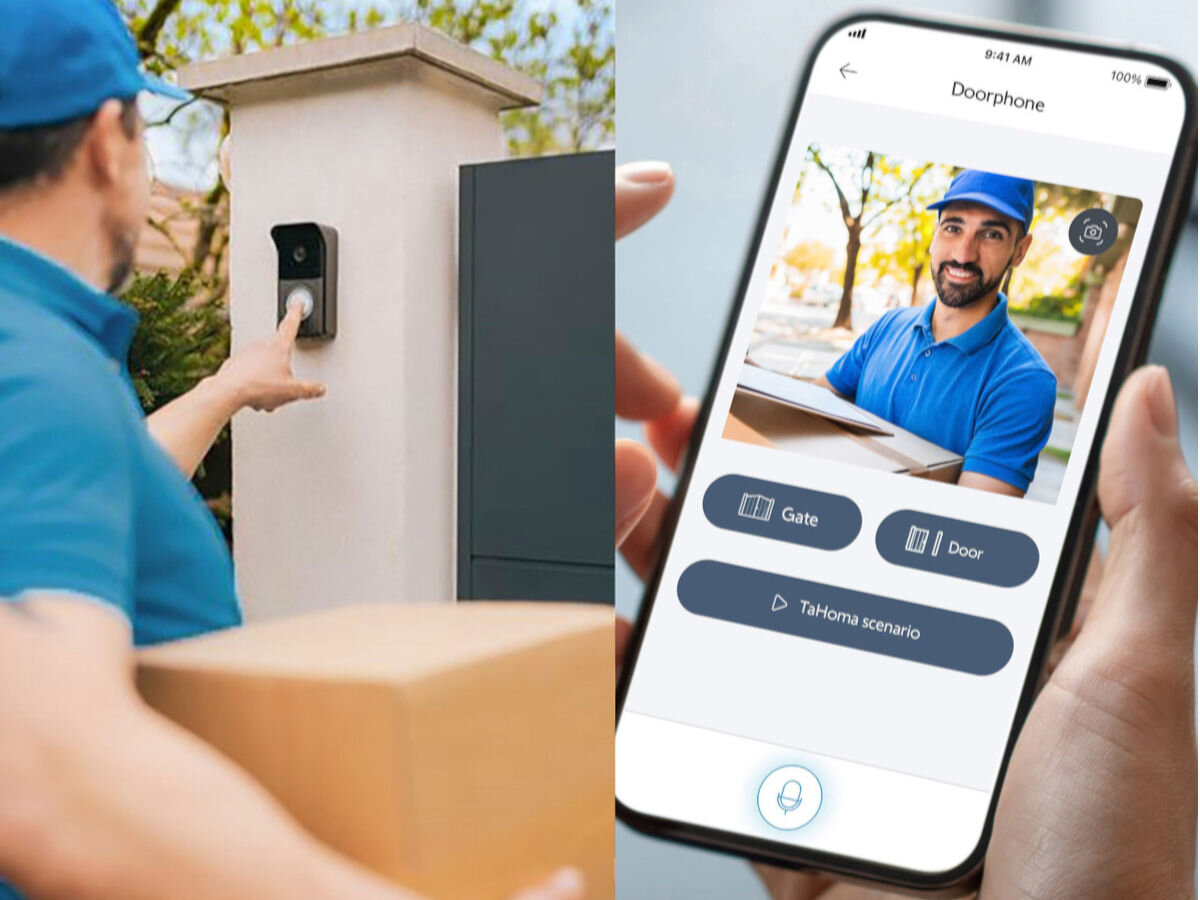 Moduł SOMFY 9028474 , dedykowane, router, wymiary, obudowa, 2 zdjęcie w 1, kurier dzwoni panelem zewnętrznym, obok aplikacja somfy na smartfonie