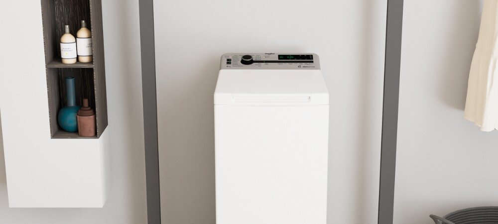 PRALKA WHIRLPOOL METDLRSL 6252BS PL Pralka wpisuje się w jasne wnętrze łazienki, podkreślając jej uporządkowany charakter. Obok znajdują się półki z kosmetykami i akcesoriami ładowana od góry kompaktowa design trwałość