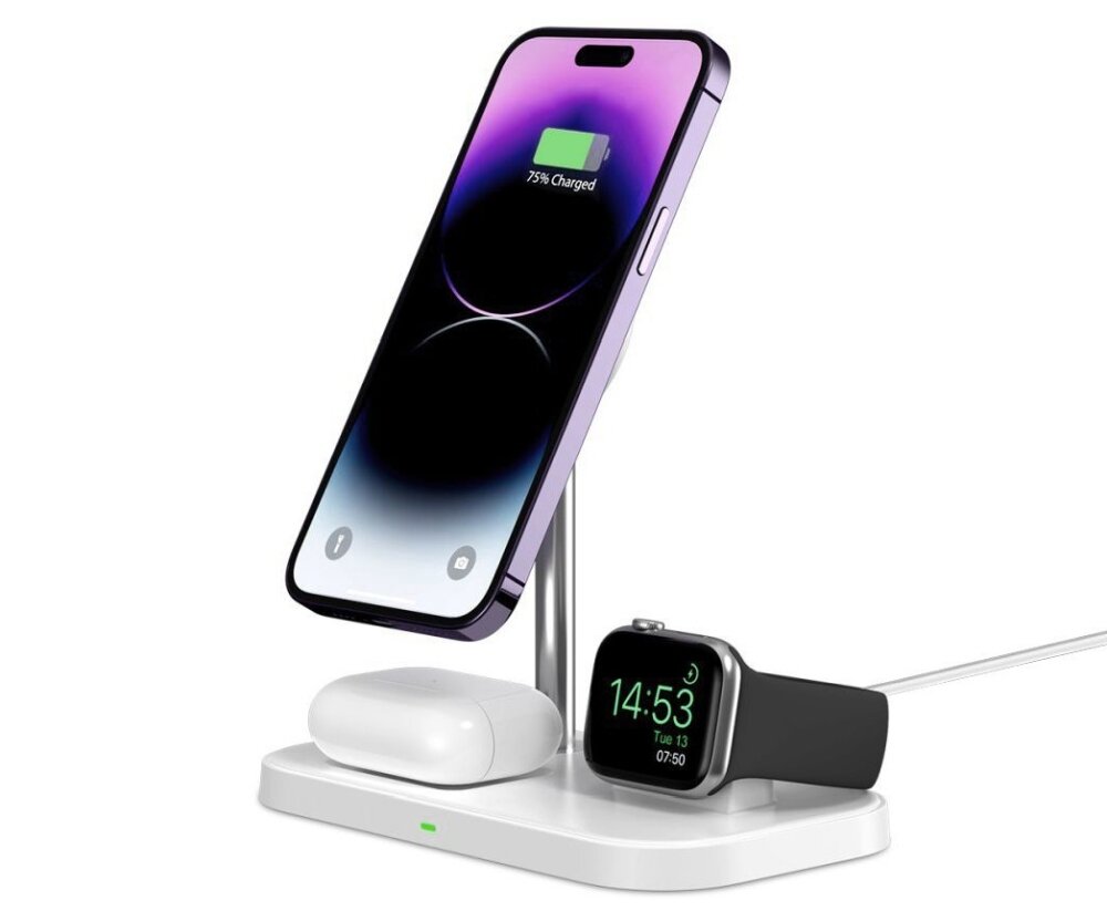 Ładowarka indukcyjna TECH-PROTECT 3w1 Trioboost 15W Biały ładowanie uniwersalność minimalizacja akcesoria ładowanie budowa bezpieczeństwo