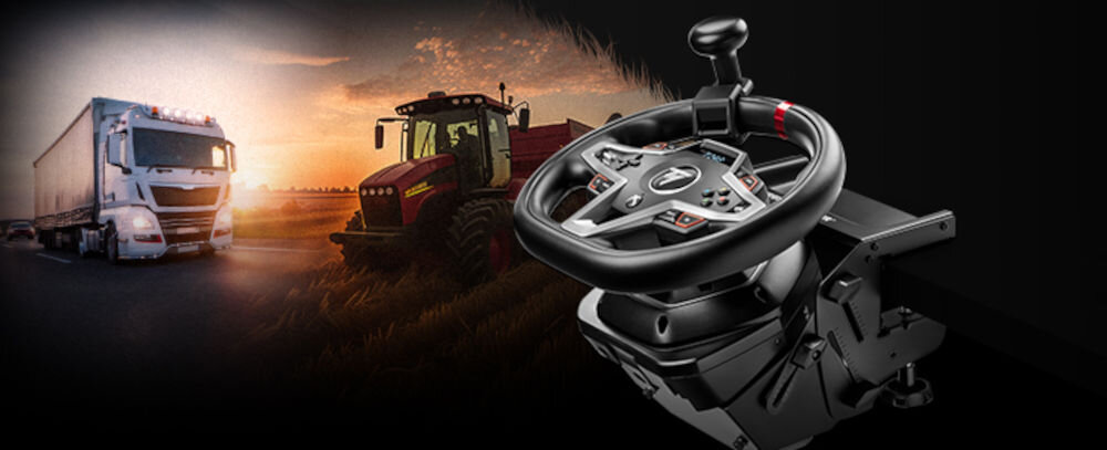 Uchwyt THRUSTMASTER SimTask Steering Kit prezentacja uchwytu na tle gry rolniczej i ciężarowej wraz z kierownicą