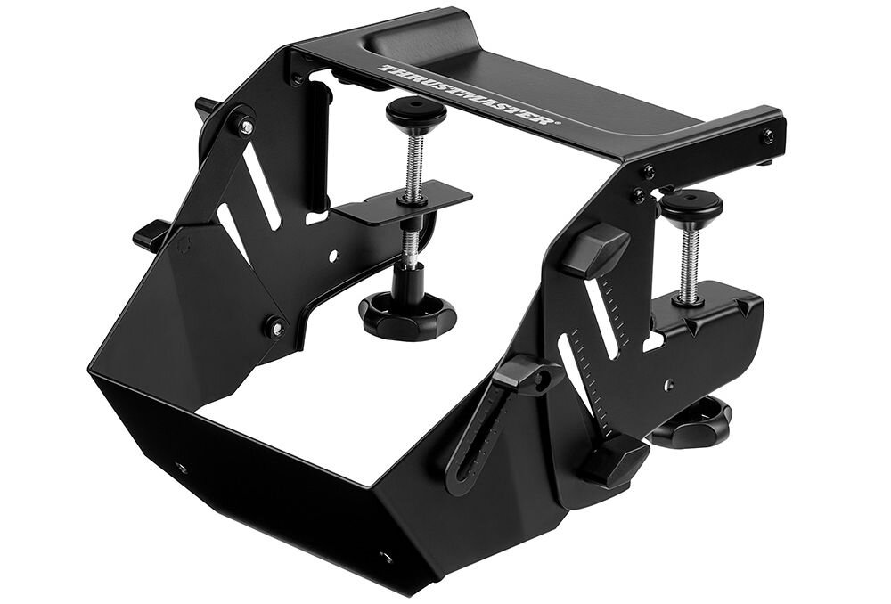 Uchwyt THRUSTMASTER SimTask Steering Kit prezentacja urządzenia na białym tle ustawienie kierownicy wyścigowa pozycja pozioma w ciężkich pojazdach obrotowa gałka solidna metalowa konstrukcja pasuje do moedli T128 T248 regulacja wysokości i kąta nachylenia