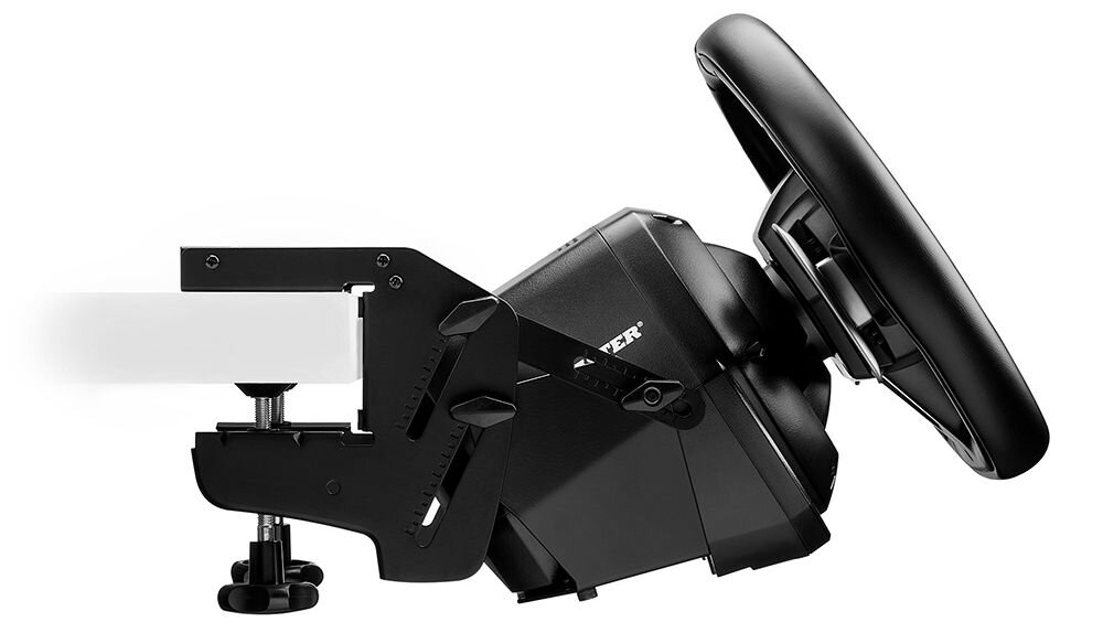 Uchwyt THRUSTMASTER SimTask Steering Kit prezentacja uchwytu od boku wizualizacja uchwytu z kierownicą przymocowanego do blatu na białym tle pozycja wyścigowa