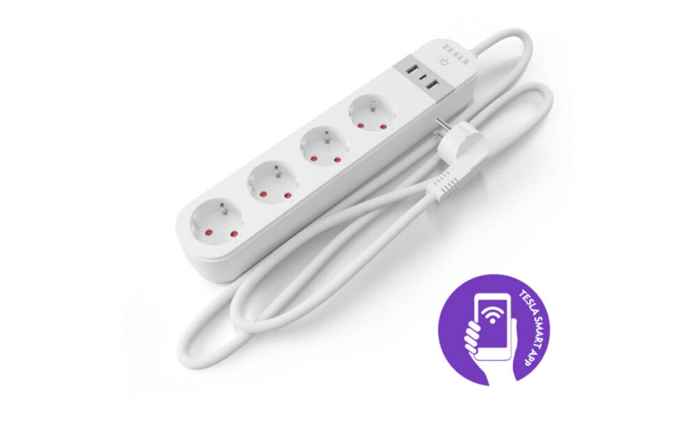Listwa TESLA PS300 TSL-SPL-SPS300 Wi-Fi możliwość osobnego sterowania każdym gniazdem i portem USB-A polskojęzyczna aplikacja mobilna Tesla Smart asystent głosowy