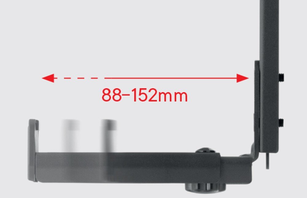 Obraz przedstawia uchwyt do soundbara z możliwością regulacji długości od 88 do 152 mm, co jest oznaczone czerwoną strzałką i tekstem. Uchwyt jest koloru czarnego i ma prostą konstrukcję z widocznymi elementami montażowymi.
