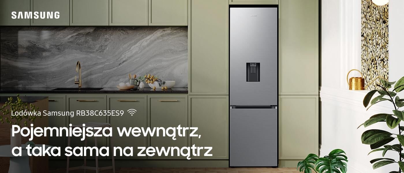 Obraz przedstawia kuchnię z lodówką Samsung RB38C635ES9 w kolorze szczotkowanej stali nierdzewnej. Na obrazie widoczny jest tekst: \'Pojemniejsza wewnątrz, a taka sama na zewnątrz\'.