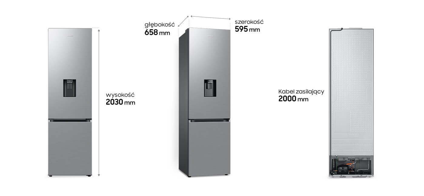 Obraz przedstawia lodówkę w kolorze szczotkowanej stali nierdzewnej z podajnikiem wody. Widoczne wymiary to: wysokość 2030 mm, głębokość 658 mm, szerokość 595 mm, a kabel zasilający ma długość 2000 mm.