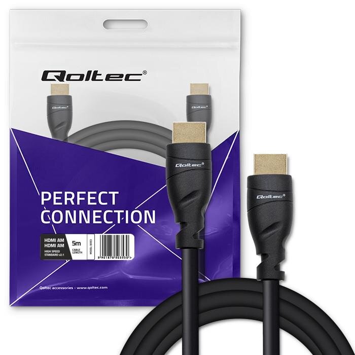 Na obrazie widoczny jest kabel HDMI z końcówkami w kolorze czarnym oraz opakowanie z napisem \'Qoltec\' i \'PERFECT CONNECTION\'. Opakowanie zawiera dodatkowe informacje: \'HDMI AM HDMI AM\', \'HIGH SPEED\', \'STANDARD 48 Gbps\', \'5m\', \'CABLE LENGTH\'.