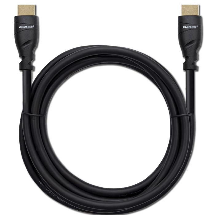 Czarny kabel HDMI z dwoma złączami, na których widnieje logo \'Qoltec\'.