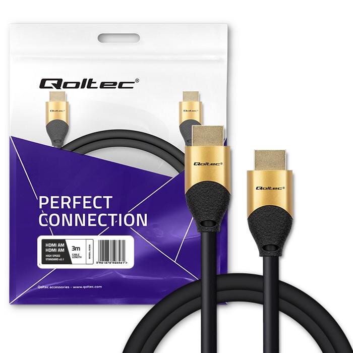 Na obrazie widoczny jest kabel HDMI z pozłacanymi końcówkami oraz opakowanie z napisem \'Qoltec\' i \'PERFECT CONNECTION\'. Opakowanie zawiera również informacje: \'HDMI AM HDMI AM\', \'3m\', \'HIGH SPEED\', \'STANDARD 48 Gb\'.