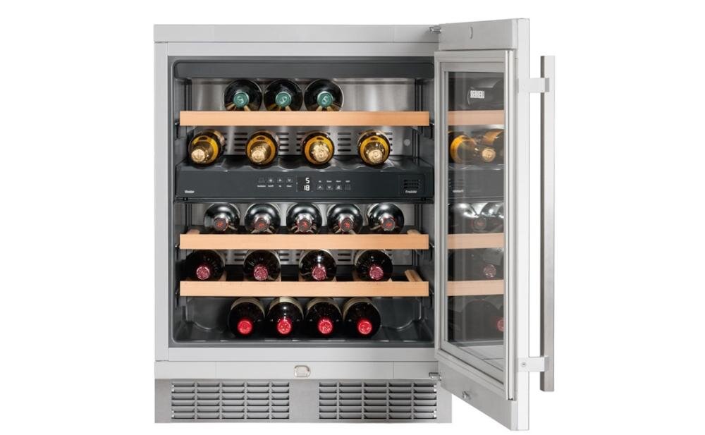 LIEBHERR UWTES 1672 wnętrze chłodziarka wino półki drzewo bukowe sprężarka drgania pozycja poziomo ergonomiczny kształt butelka mikroklimat leżakowanie oświetlenie led