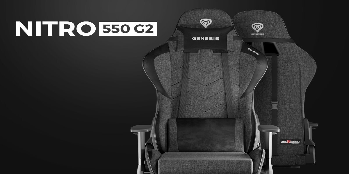 Fotel gamingowy GENESIS Nitro na ciemnym tle, obok widnieje napis 'NITRO 550 G2'.