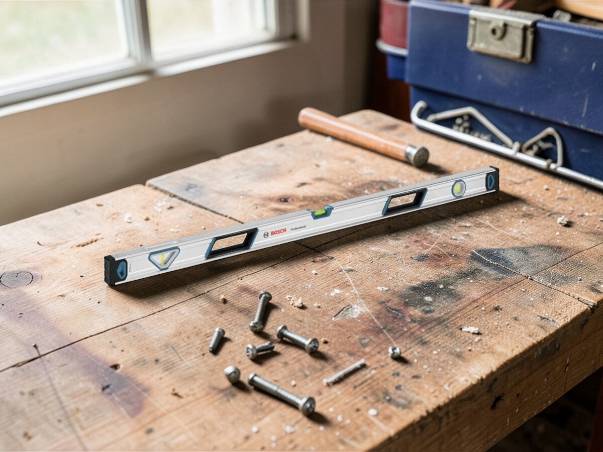 Poziomica BOSCH Professional 1600A016BR, waga, uchwyt, stabilność, czyszczenie, poziomica stoi na blacie w warsztacie
