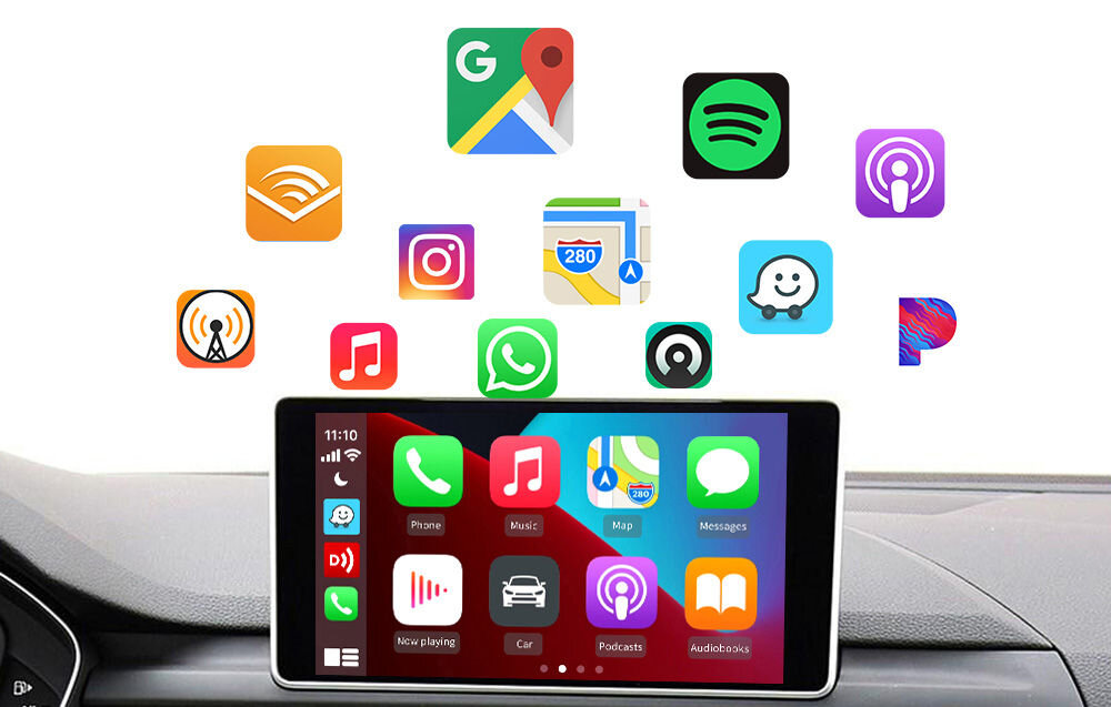 Adapter CARLINKIT CP2A Niebieski CarPlay kompatybilność z różnymi modelami aut aplikacjami muzycznymi asystentami głosowymi Siri