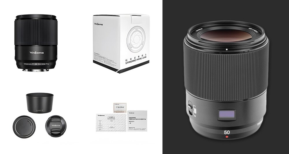 Obiektyw Yongnuo YN 50 mm f/1,8 DA DSM Pro do Fujifilm X - zawartość zestawu